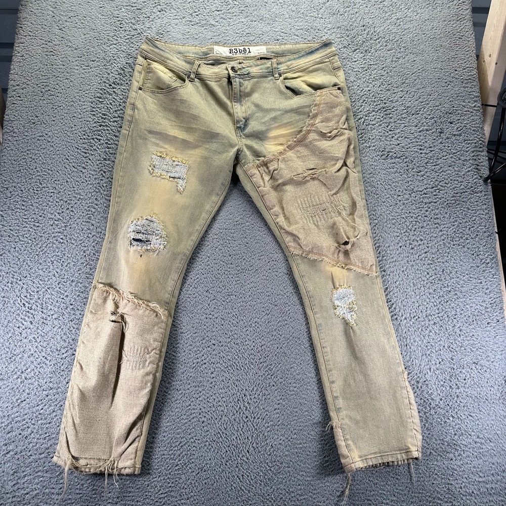 R3bel Jeans Men's 40x32 Blue Cotton Denim Straight Leg Distressed Faded Stretch